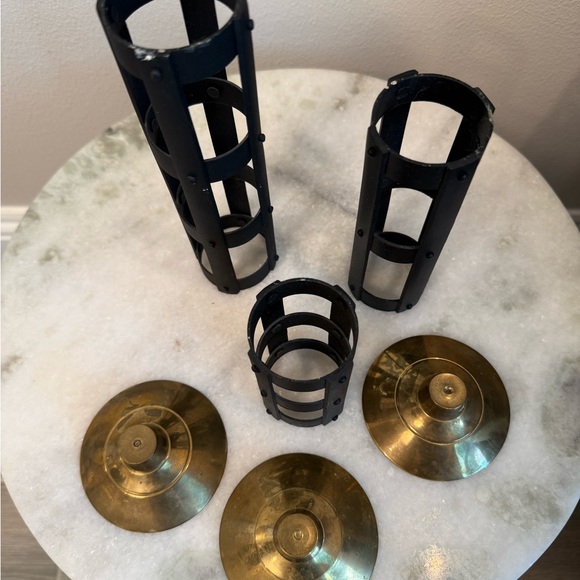 3 Vintage Black Steel Cage Candle Holders w/ Solid Brass Tops - Picture 5 of 5